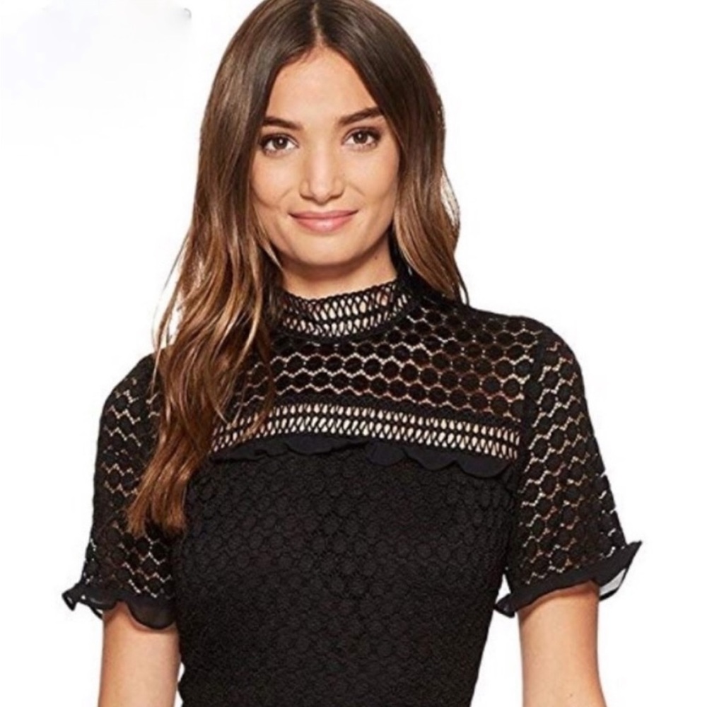 NWT CeCe Mock Neck Lace Fit & Flare Dress Black